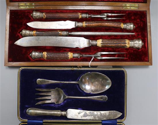 Robert A. Paton stag antler handled carving set and a cased plated set